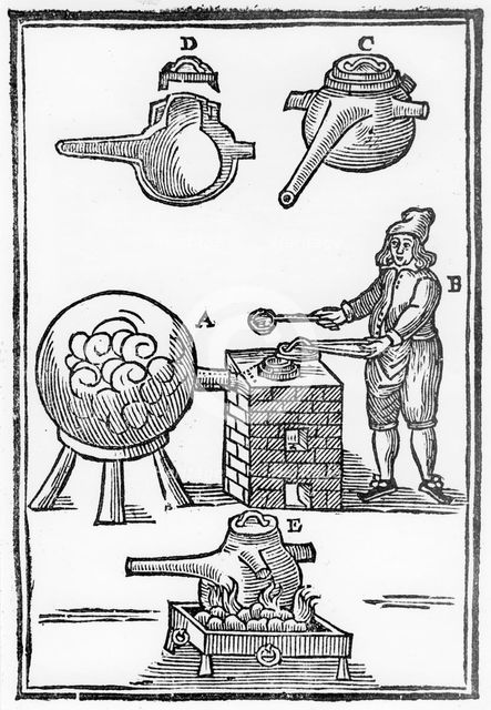 Distillation of Oil of Vitriol (sulphuric acid or H2S04), 1651. Creator: Unknown.