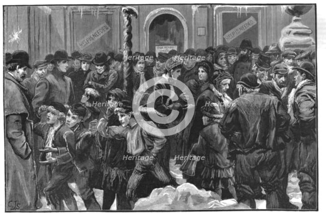 'Distress in London - Unemployed waiting at a Soup Kitchen', 1886.  Creator: Unknown.