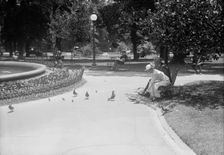 District of Columbia Parks - Feeding Pigeons in The Parks, 1917. Creator: Harris & Ewing