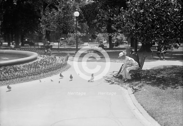 District of Columbia Parks - Feeding Pigeons in The Parks, 1917. Creator: Harris & Ewing.