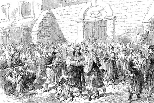 Distributing Charitable Funds to the Herzegovinian Refugees at Ragusa...1876. Creator: Unknown.
