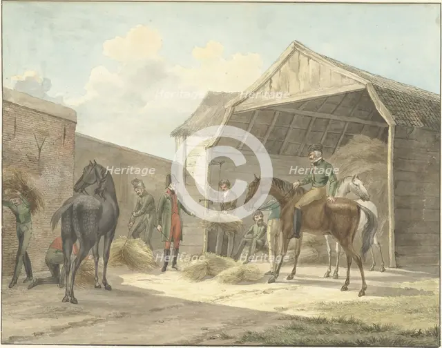 Distributing hay to the Gardes d'Honneur (Guards of Honour), 1813, (1815).  Creator: Abraham Vinkeles.
