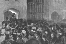 'Distributing the Queen's New Year Gifts at Windsor; The crowd outside the Riding School... 1890. Creator: Unknown