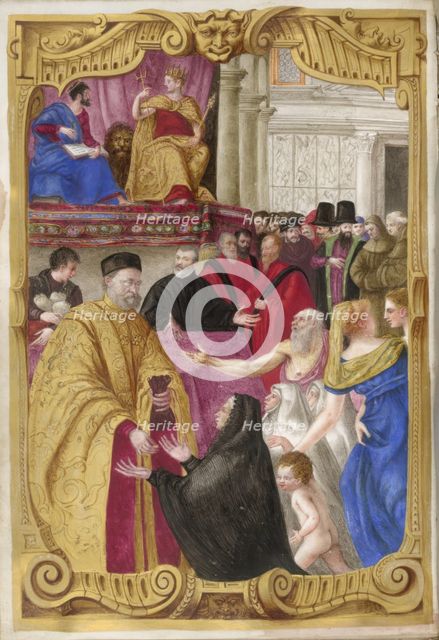 Distribution of alms in a piazza by an elderly official, [Zane?]..., 1568. Creator: Unknown.
