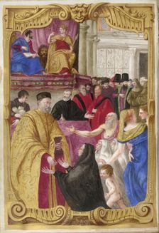 Distribution of alms in a piazza by an elderly official, [Zane?]..., 1568. Creator: Unknown