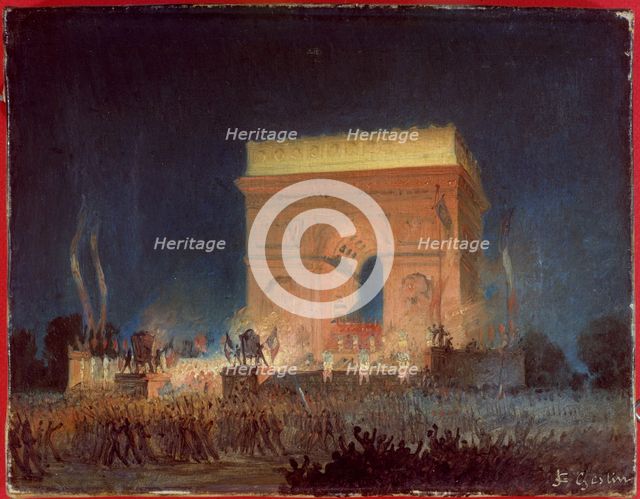 Distribution of flags to the National Guard, in front of the Arc de Triomphe, April 20, 1848. Creator: Jean-Charles Geslin.
