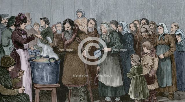 Distribution of free soup by the Sisters of the "Committee for the Relief of the Poor"…, 1881. Creator: Tomás Carlos Capuz.