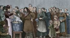 Distribution of free soup by the Sisters of the "Committee for the Relief of the Poor"…, 1881. Creator: Tomás Carlos Capuz