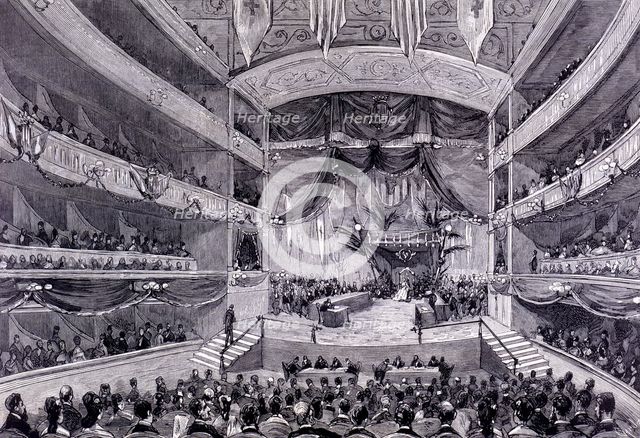 Distribution of prizes to the winner poets in the Floral Games, in the Teatro Principal in Barcel…