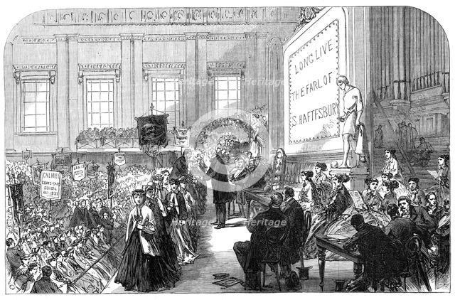 Distribution of prizes to ragged-school pupils at Exeter Hall, 1868. Creator: Unknown.