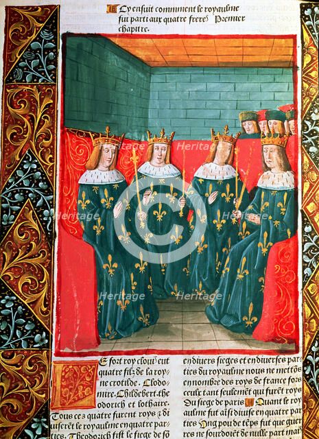 Distribution of the kingdom of the Franks among the four sons of King Clovis I (465-511): Clodomi…