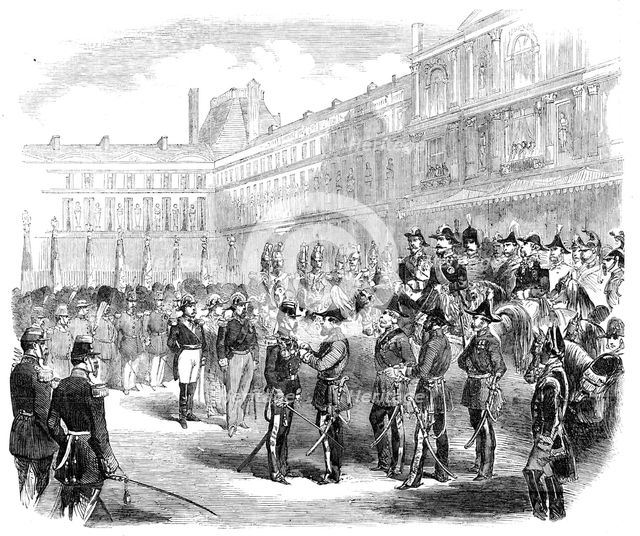 Distribution of the Queen's Medals to the French Crimean Troops, by H.R.H. the Duke of Cambridge, at Creator: Unknown.
