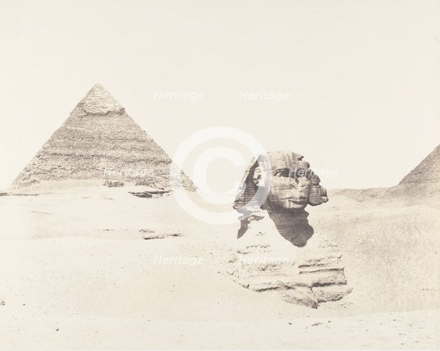 Djizeh (Nécropole de Memphis), Sphinx et Pyramides, 1851-52, printed 1853-54. Creator: Félix Teynard.