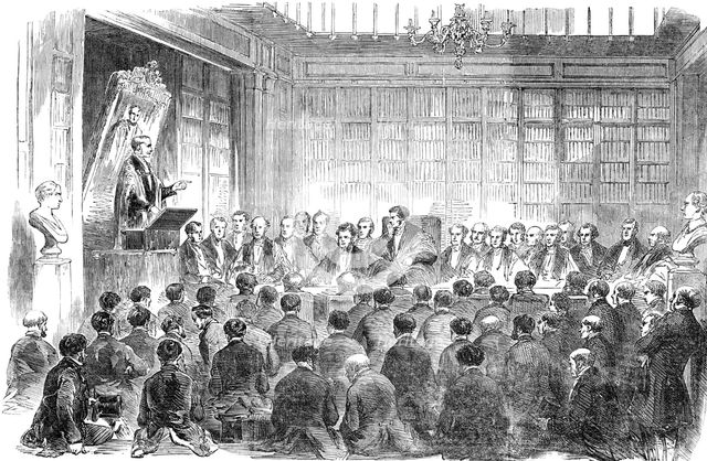 Dr. Alderson delivering the Harveian Oration, in the Theatre of the Royal College of Physicians, 185 Creator: Unknown.