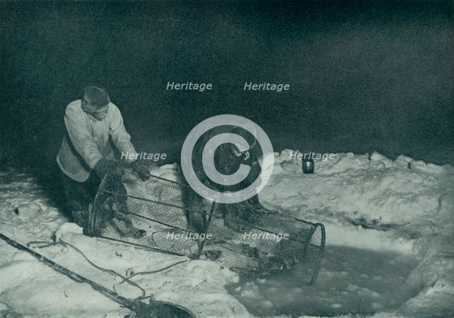 'Dr. Atkinson and Clissold Hauling Up The Fish-Trap', 28 May 1911, (1913). Artist: Herbert Ponting.
