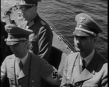 Dr Josef Goebbels, Rudolf Hess, and German Officer on Board an Italian Battleship, 1937. Creator: British Pathe Ltd