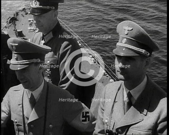 Dr Josef Goebbels, Rudolf Hess, and German Officer on Board an Italian Battleship, 1937. Creator: British Pathe Ltd.