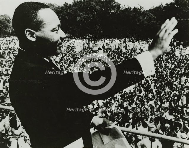 Dr. Martin Luther King, Jr. waving to the crowd from the steps of the Lincoln Memorial..., 1963. Creator: Unknown.