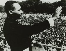 Dr. Martin Luther King, Jr. waving to the crowd from the steps of the Lincoln Memorial..., 1963. Creator: Unknown