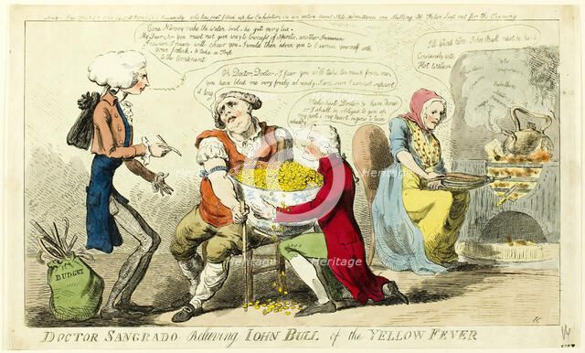 Dr. Sangrado Relieving John Bull of Yellow Fever, published February 25, 1795. Creator: Isaac Cruikshank.