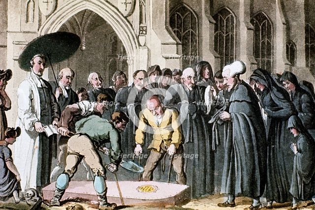Dr Syntax watching his wife's coffin being lowered into the grave, 1820. Artist: Thomas Rowlandson