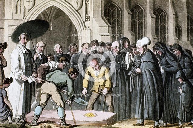 Dr Syntax watching his wife's coffin being lowered into the grave, 1820. Artist: Thomas Rowlandson