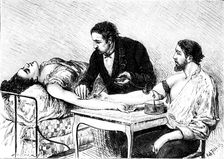 Dr Roussell of Geneva giving a woman a direct blood transfusion from a volunteer, 1882