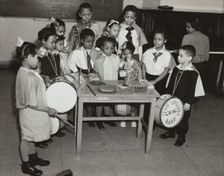 Drum students around a table, 1938. Creator: Unknown