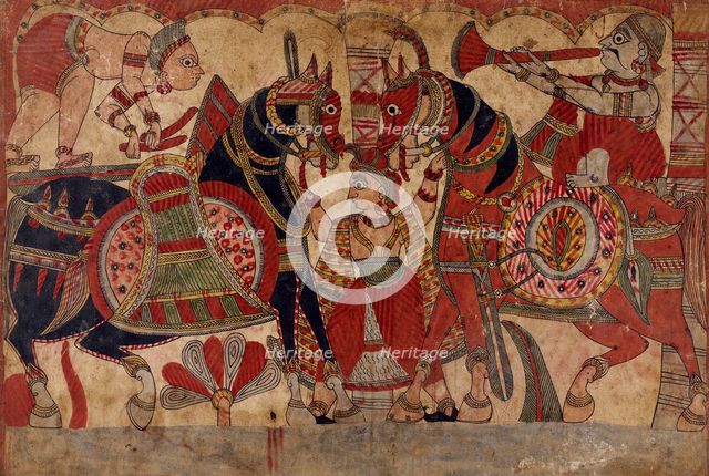 Drummer and Horn Player (Accompanying the Hunt?), Scene from the Story of the Marriage..., c1850. Creator: Unknown.