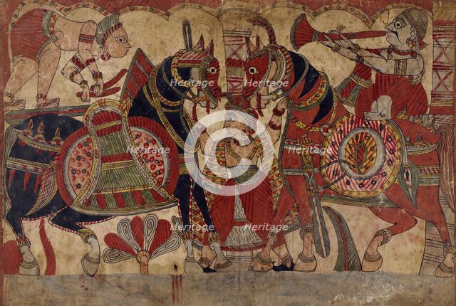 Drummer and Horn Player (Accompanying the Hunt?), Scene from the Story of the Marriage..., c1850. Creator: Unknown.