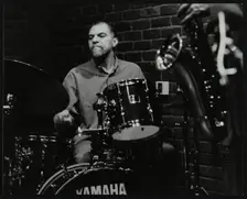 Drummer Derek Gale playing at The Fairway, Welwyn Garden City, Hertfordshire, 31 October 1999. Creator: Denis Williams