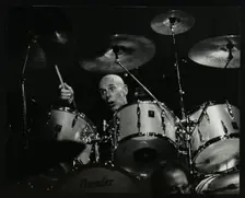 Drummer Eric Delaney playing at the Forum Theatre, Hatfield, Hertfordshire, 6 May 1983. Creator: Denis Williams