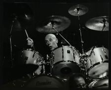 Drummer Eric Delaney playing at the Forum Theatre, Hatfield, Hertfordshire, 6 May 1983. Creator: Denis Williams