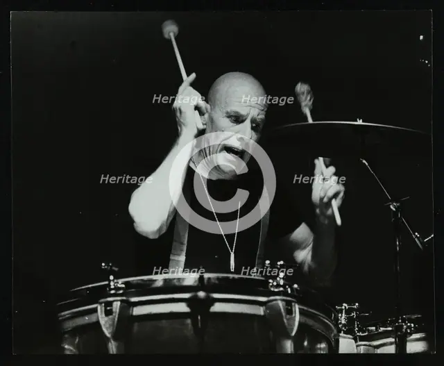 Drummer Eric Delaney playing at the Forum Theatre, Hatfield, Hertfordshire, 1983. Creator: Denis Williams.
