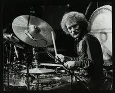 Drummer Ginger Baker performing at the Forum Theatre, Hatfield, Hertfordshire, 1980. Creator: Denis Williams
