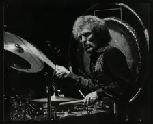 Drummer Ginger Baker performing at the Forum Theatre, Hatfield, Hertfordshire, 1980. Creator: Denis Williams