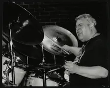 Drummer Martin Drew playing at The Fairway, Welwyn Garden City, Hertfordshire, 15 February 1998. Creator: Denis Williams