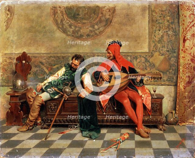 'Drunk Warrior and Court Jester', Italian painting of 19th century.  Artist: Casimiro Tomba