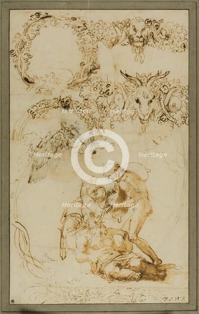 Drunken Silenus and Decorative Sketches: Studies for the Tazza Farnese (recto); Two..., 1599/1601. Creator: Annibale Carracci.