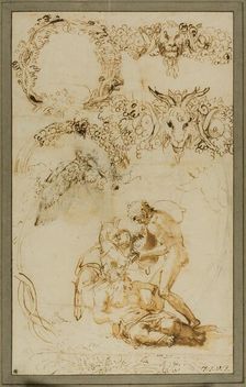 Drunken Silenus and Decorative Sketches: Studies for the Tazza Farnese (recto); Two..., 1599/1601. Creator: Annibale Carracci