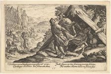 Drunkenness of Noah: Shem and Japheth cover the naked body of Noah, who lies in a tent, a ..., 1612. Creator: Crispijn de Passe I