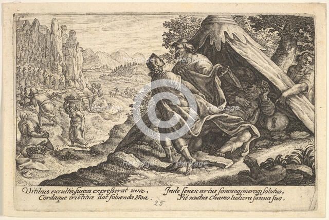 Drunkenness of Noah: Shem and Japheth cover the naked body of Noah, who lies in a tent, a ..., 1612. Creator: Crispijn de Passe I.
