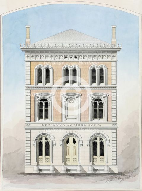 Dry Dock Savings Bank, New York City, New York, Competition Design Drawing, 1858. Creator: Peter Bonnett Wight.