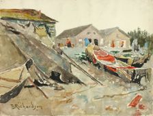 Drying Blankets over Canoes, ca. 1890-1914. Creator: Theodore J. Richardson