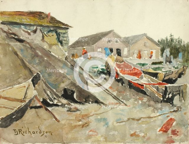 Drying Blankets over Canoes, ca. 1890-1914. Creator: Theodore J. Richardson.