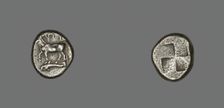 Drachm (Coin) Depicting a Cow with Dolphin below, about 416-357 BCE. Creator: Unknown