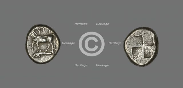 Drachm (Coin) Depicting a Cow with Dolphin below, about 416-357 BCE. Creator: Unknown.