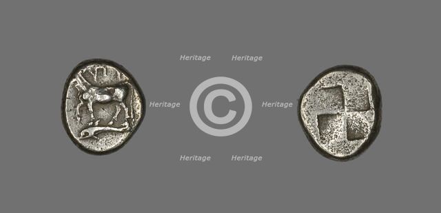 Drachm (Coin) Depicting a Cow with Dolphin below, about 416-357 BCE. Creator: Unknown.