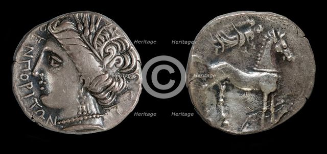 Drachma from Emporion. Obverse: Head of Persephone, 3rd cen. BC. Artist: Numismatic, Ancient Coins  