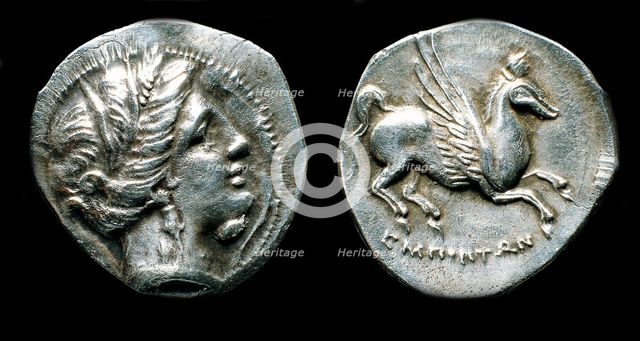 Drachma from Emporion. Obverse: Head of Persephone. Reverse: Pegasus, Third cent. BC. Artist: Numismatic, Ancient Coins  